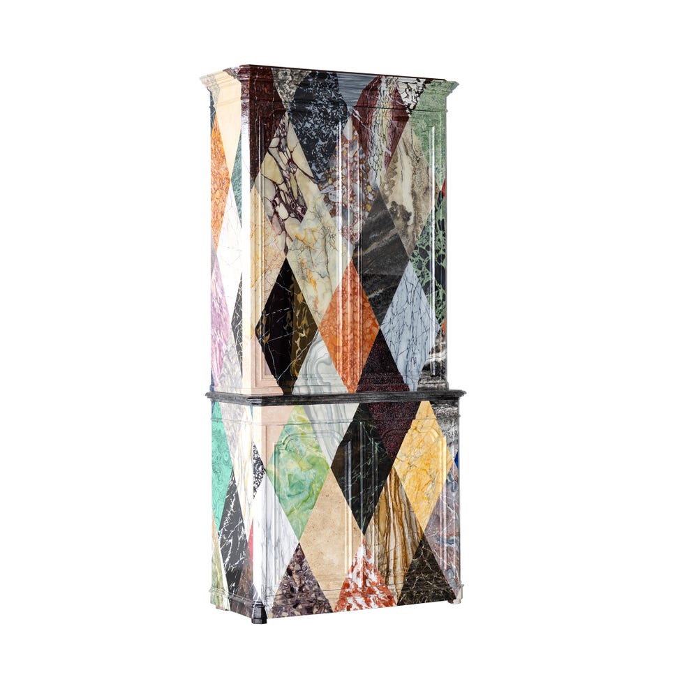 Cabinet featuring a geometric design with various types of marble.