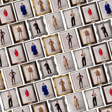 Fashion showcase with framed outfits displayed on a wall.