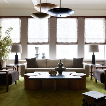 Modern living room with seating and decorative elements