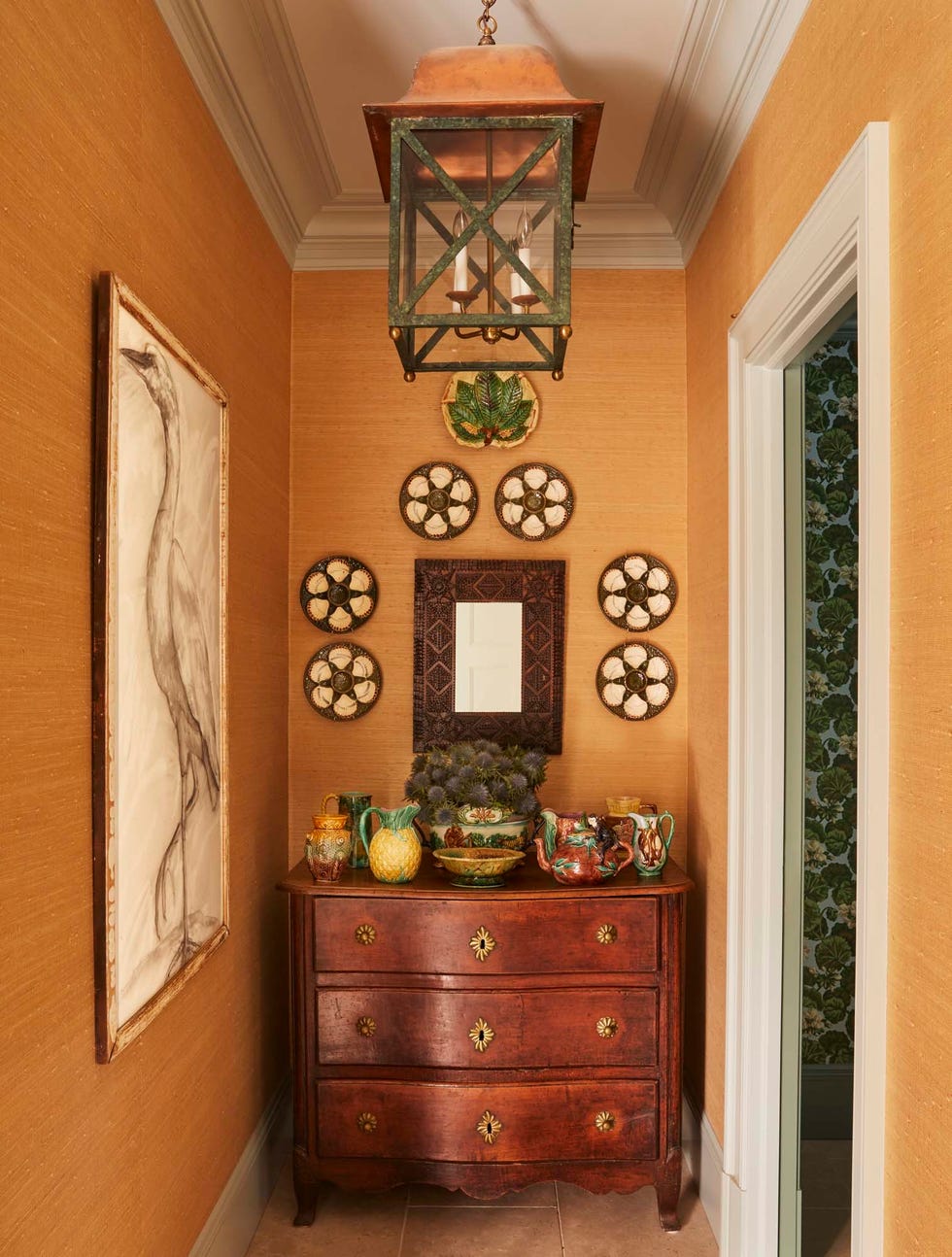 Decorative hallway with vintage elements and vibrant accents.