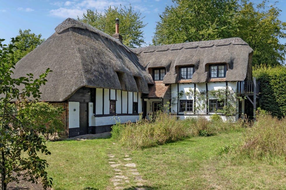 thatched cottage surrounded by greenery