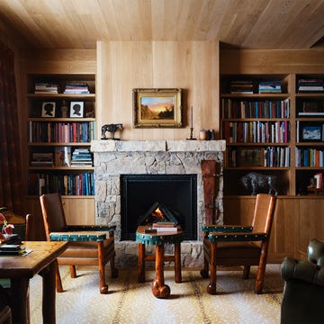 Cozy living room with a fireplace, bookshelves, and rustic furniture.