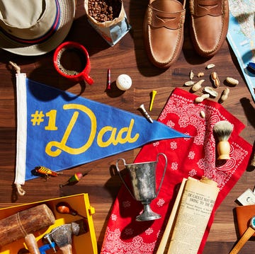 father's day still life, 1 dad pennant, trophy, bandana, sling shot, dartboard