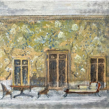 Interior scene depicting a elegantly furnished room with floral wallpaper.