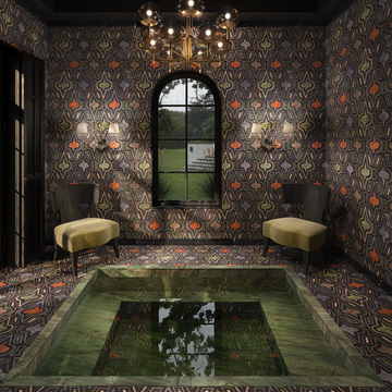 A stylish indoor space featuring a small pool and patterned walls.