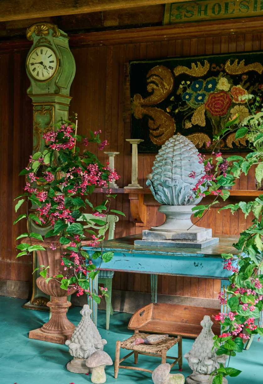 Antique interior with various decorative elements.